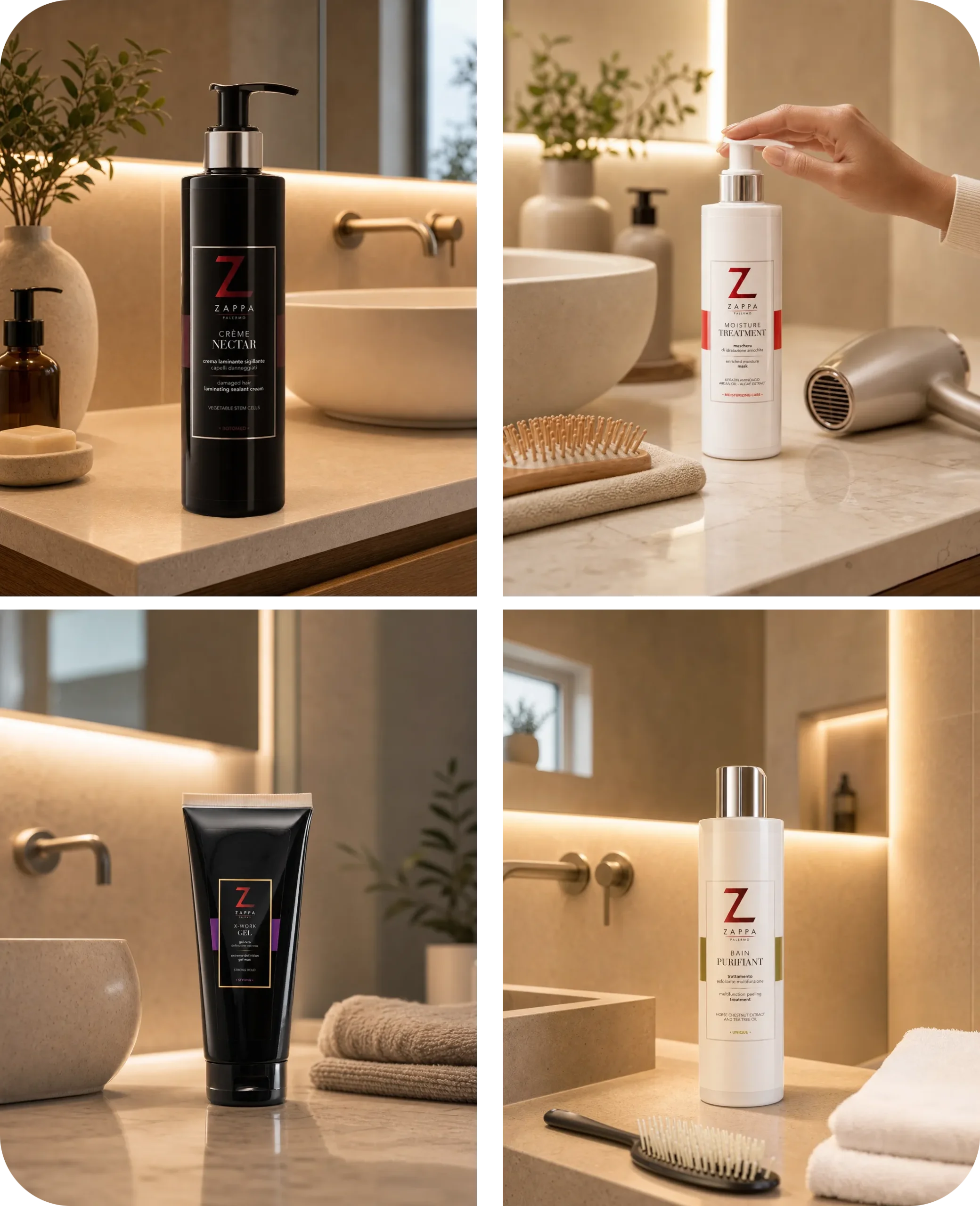 Esempio di coerenza visiva per brand di haircare di lusso: serie coordinata di prodotti Zappa Palermo, fotografia di Paolo Zannelli